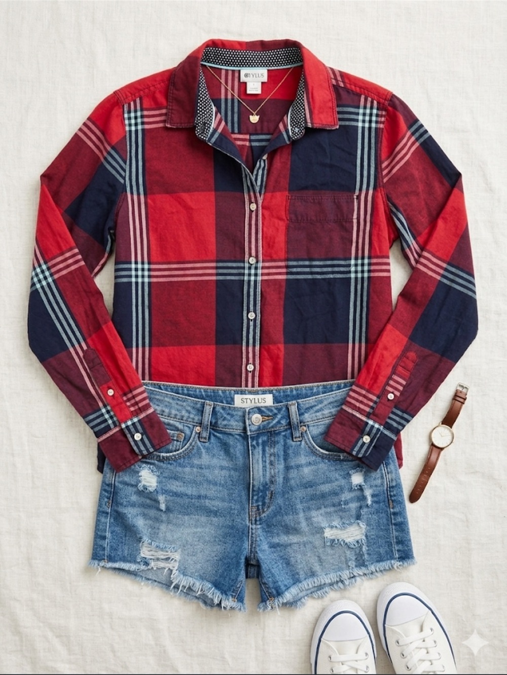 STYLUS Red, White & Blue Plaid Women’s Button-Down Shirt. Size large. Americana